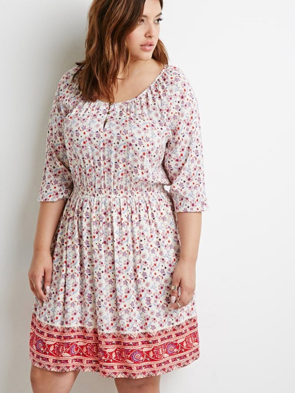 Forever 21 Plus Size Cream/Multi Paisley Print Babydoll Dress 1X